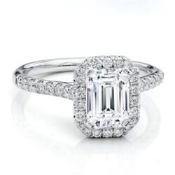 Solitaire Diamond Engagement Ring Emerald Cut Diamond with Halo Diamonds Around
